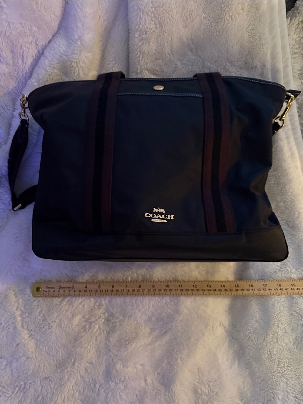 Coach Ellis Weekender Black Nylon Duffel with Maroon-Trim Straps - Picture 10 of 11